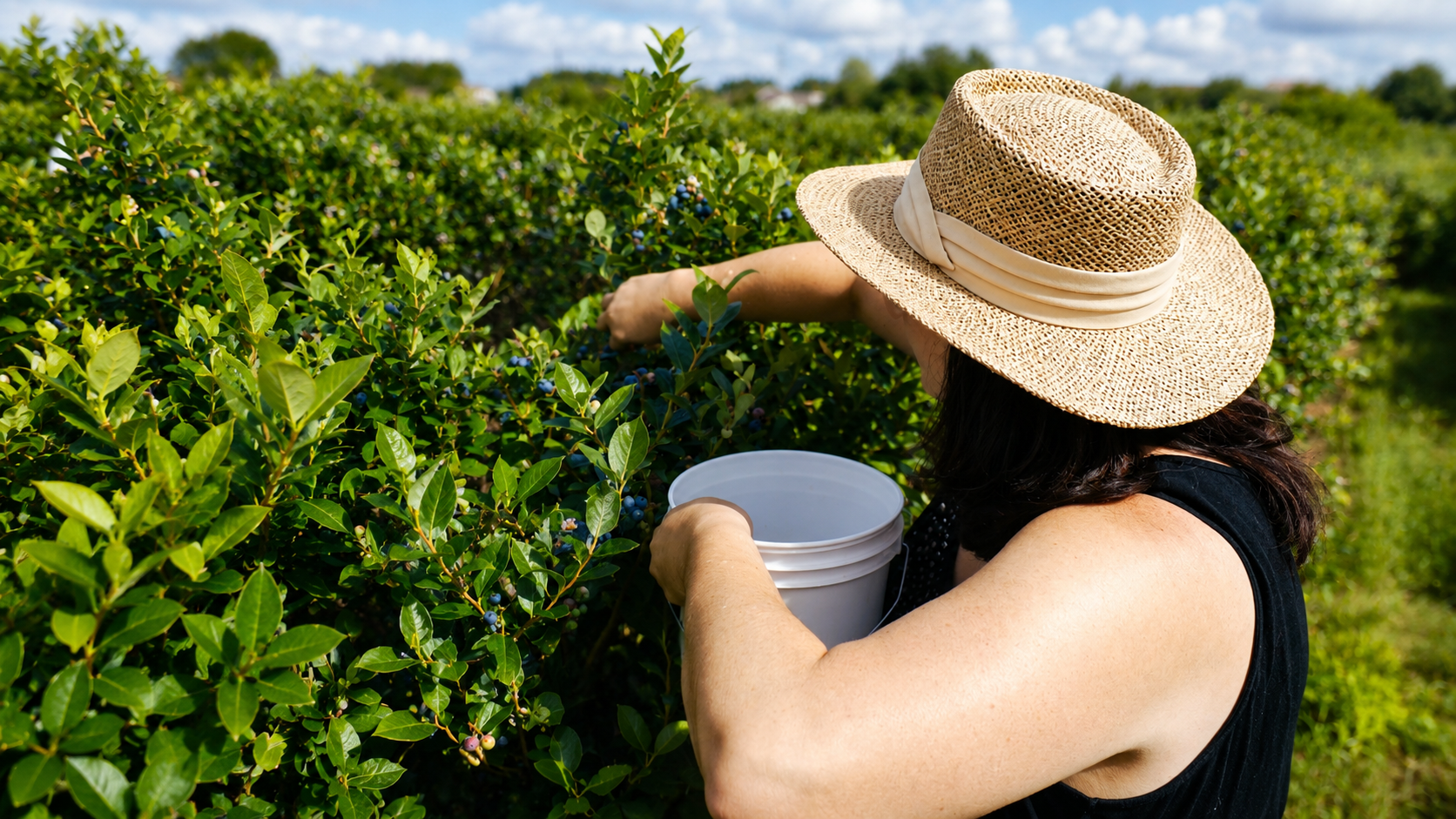 Woman wearing a straw hat picking fresh blueberries in a sunny Florida berry field with a harvest bucket.